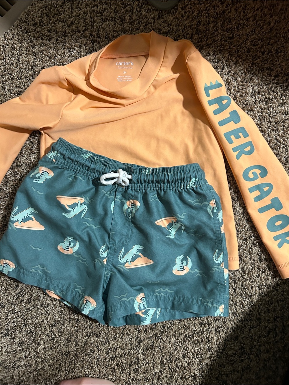 Carter's Peach Rash Guard with Teal Gator Print Swim Shorts